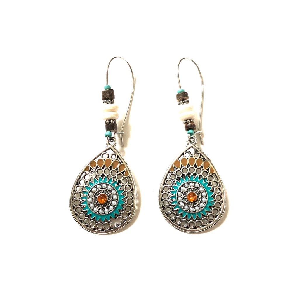 Vintage Style Blue Beige & Silver Tone Hoop Drop Earrings - Picture 2 of 4